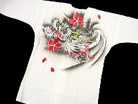 墨絵手描き鯉口シャツ　桜と龍の柄　若武者